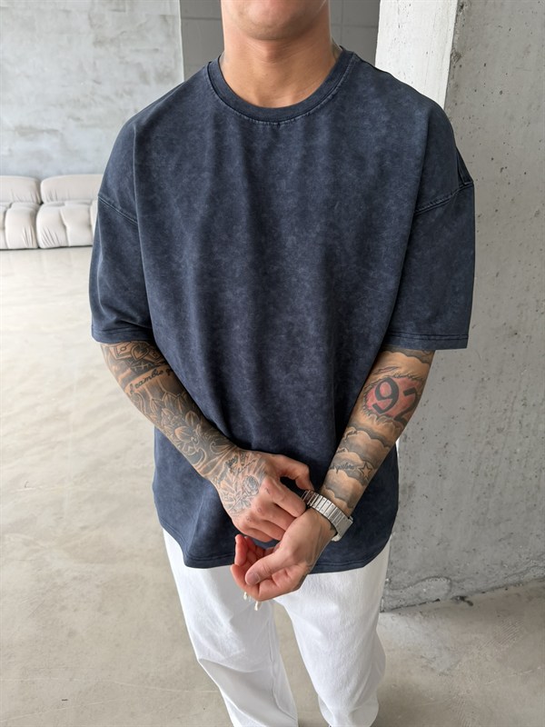 362 Premium Acid Yıkama Basic T-Shirt - İndigo