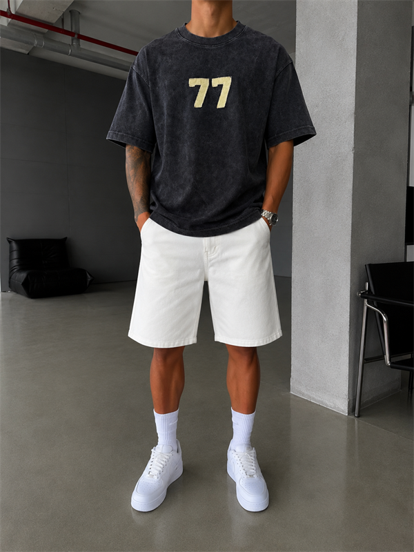 77 Nakışlı Premium Yıkamalı T-Shirt