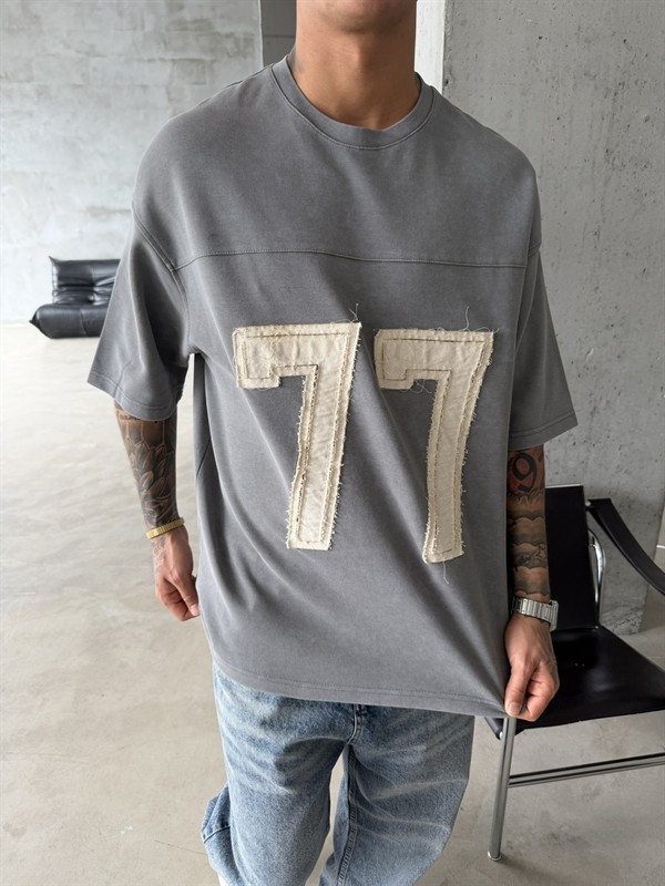 77 Pacht Detaylı Premium Yıkamalı Acid T-Shirt - Gri
