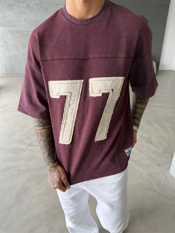 77 Pacht Detaylı Premium Yıkamalı Acid T-Shirt - Bordo