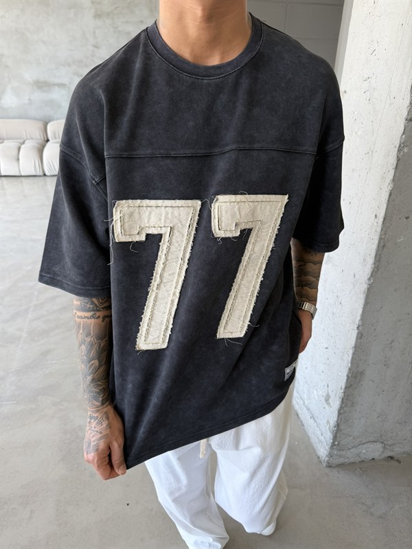 77 Pacht Detaylı Premium Yıkamalı Acid T-Shirt - Siyah