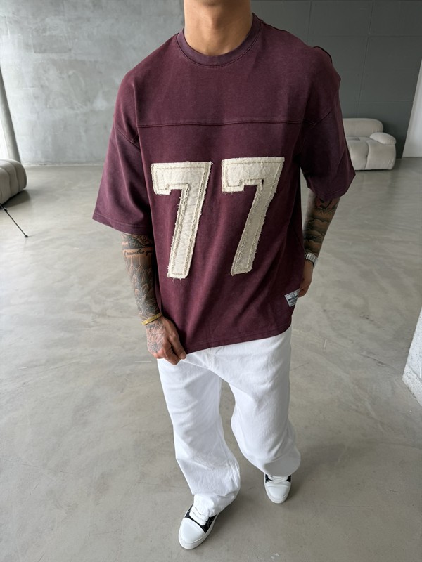 77 Pacht Detaylı Premium Yıkamalı Acid T-Shirt - Bordo