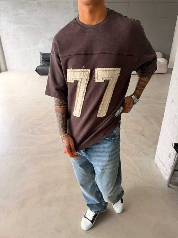 77 Pacht Detaylı Premium Yıkamalı Acid T-Shirt - Kahve