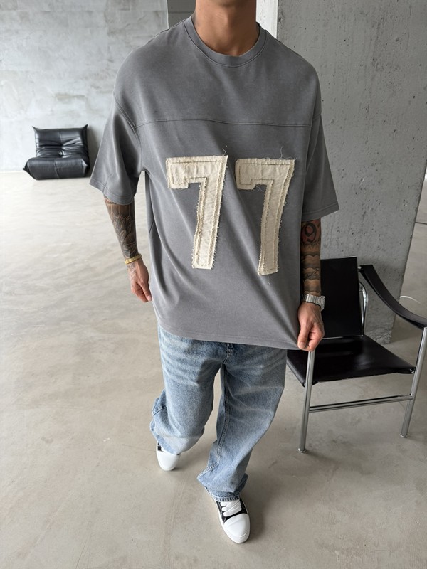 77 Pacht Detaylı Premium Yıkamalı Acid T-Shirt - Gri