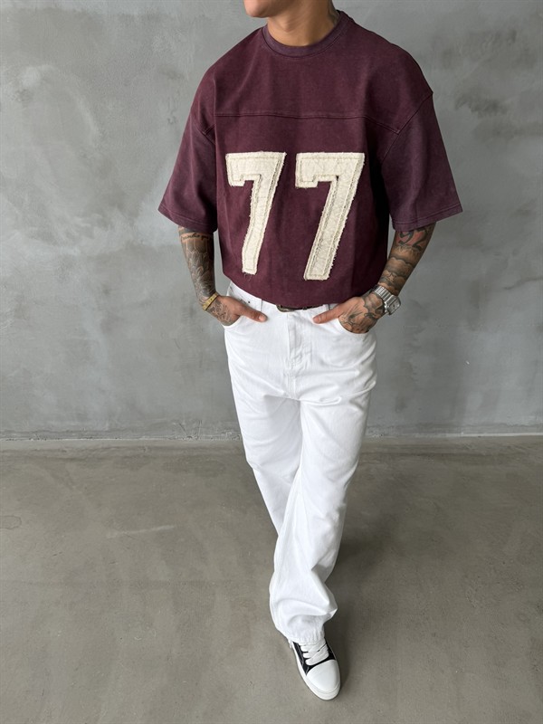 77 Pacht Detaylı Premium Yıkamalı Acid T-Shirt - Bordo