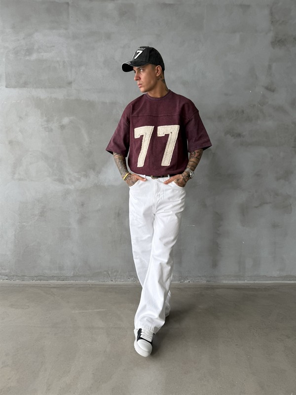 77 Pacht Detaylı Premium Yıkamalı Acid T-Shirt - Bordo