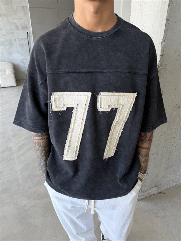 77 Pacht Detaylı Premium Yıkamalı Acid T-Shirt - Siyah