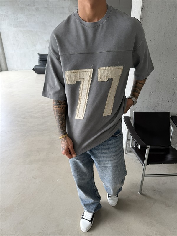 77 Pacht Detaylı Premium Yıkamalı Acid T-Shirt - Gri