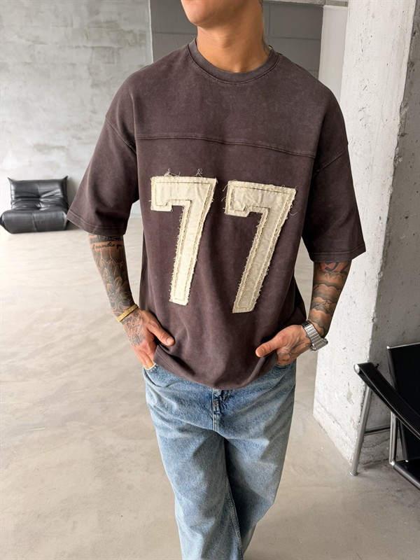 77 Pacht Detaylı Premium Yıkamalı Acid T-Shirt - Kahve