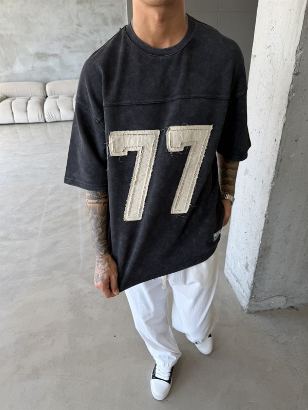 77 Pacht Detaylı Premium Yıkamalı Acid T-Shirt - Siyah