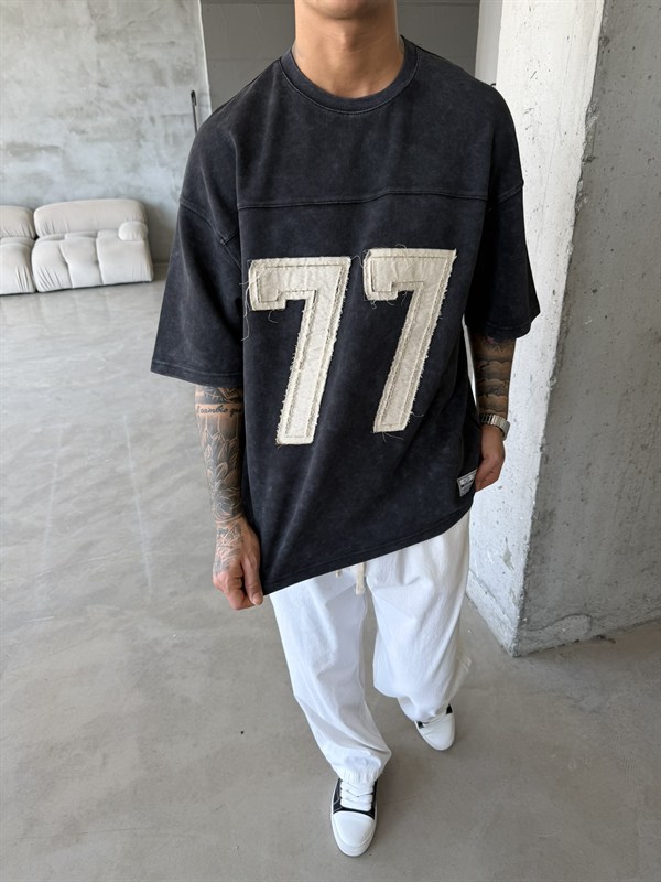77 Pacht Detaylı Premium Yıkamalı Acid T-Shirt - Siyah