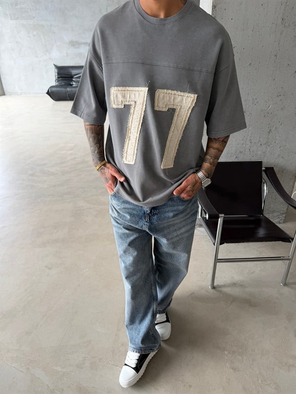 77 Pacht Detaylı Premium Yıkamalı Acid T-Shirt - Gri