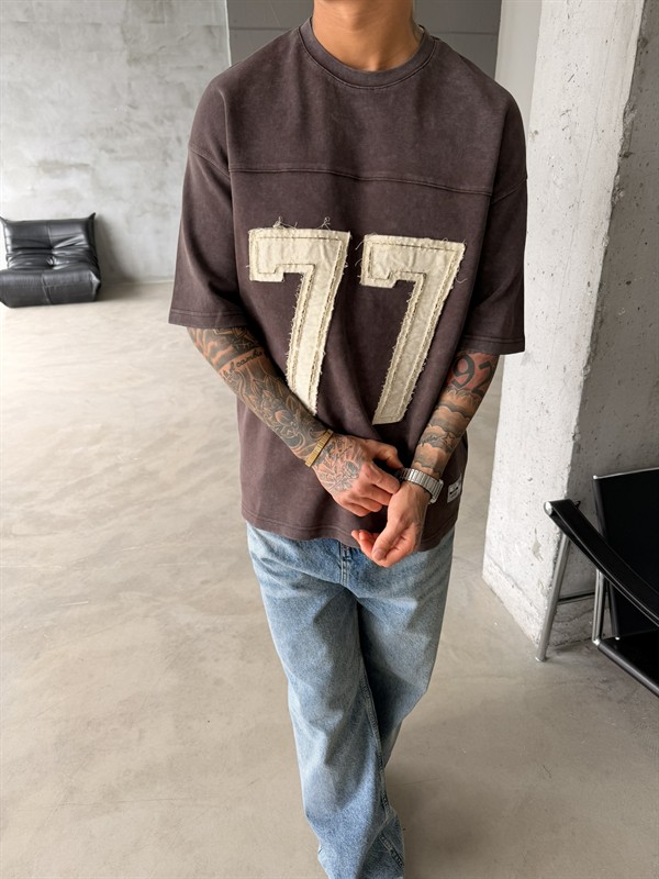77 Pacht Detaylı Premium Yıkamalı Acid T-Shirt - Kahve