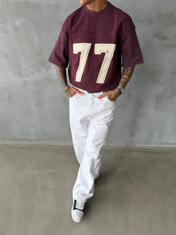 77 Pacht Detaylı Premium Yıkamalı Acid T-Shirt - Bordo