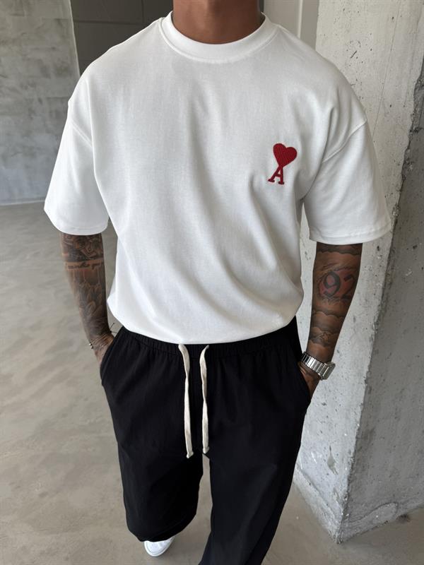 A Kalp Nakışlı Basic T-Shirt - Beyaz