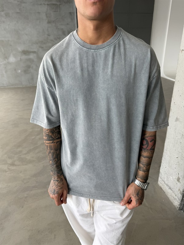 Acid Basic Yıkamalı T-Shirt - Gri