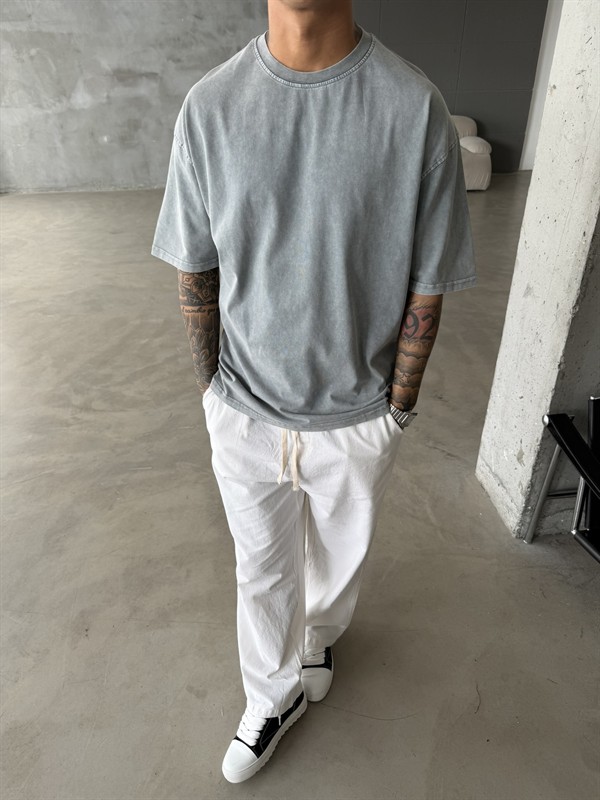 Acid Basic Yıkamalı T-Shirt - Gri