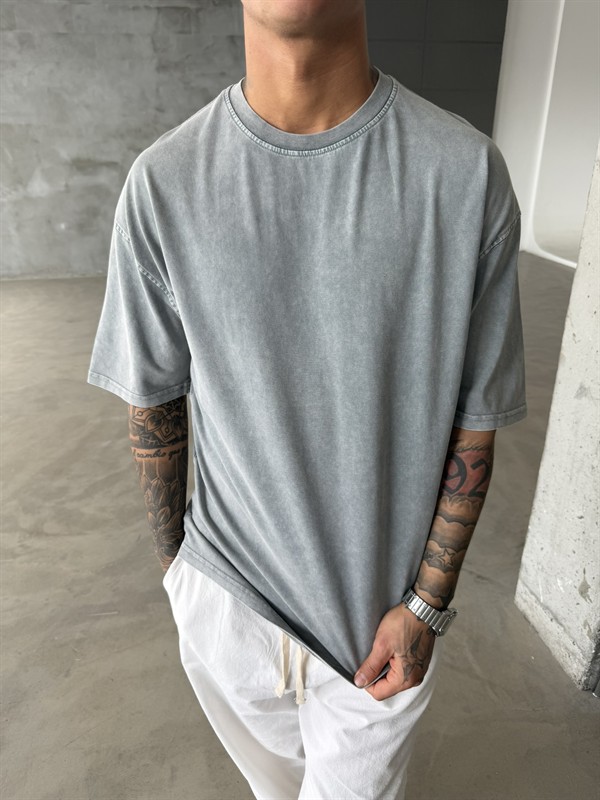 Acid Basic Yıkamalı T-Shirt - Gri