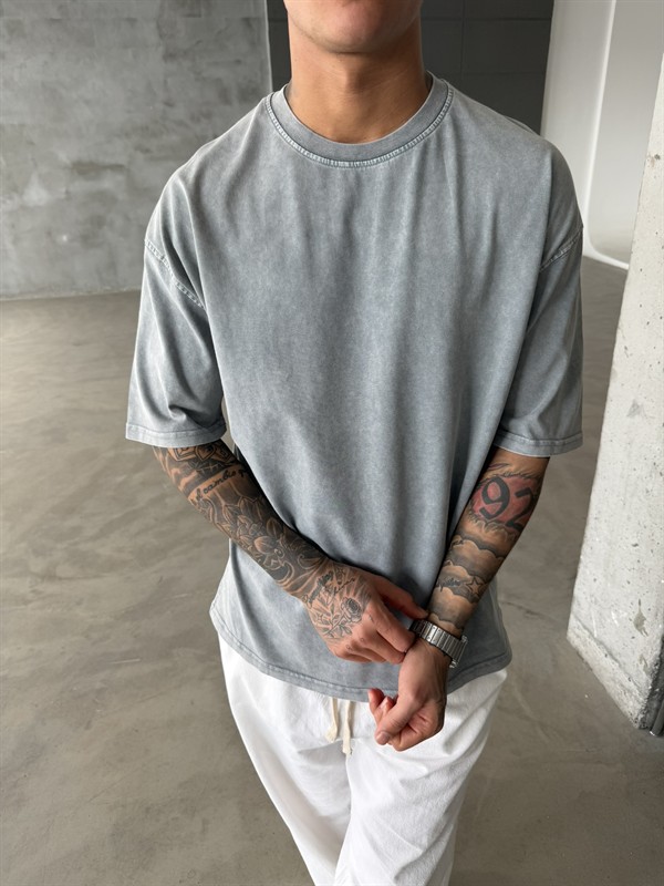 Acid Basic Yıkamalı T-Shirt - Gri