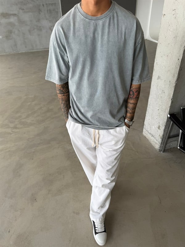 Acid Basic Yıkamalı T-Shirt - Gri