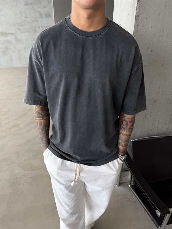 Acid Basic Yıkamalı T-Shirt - Siyah