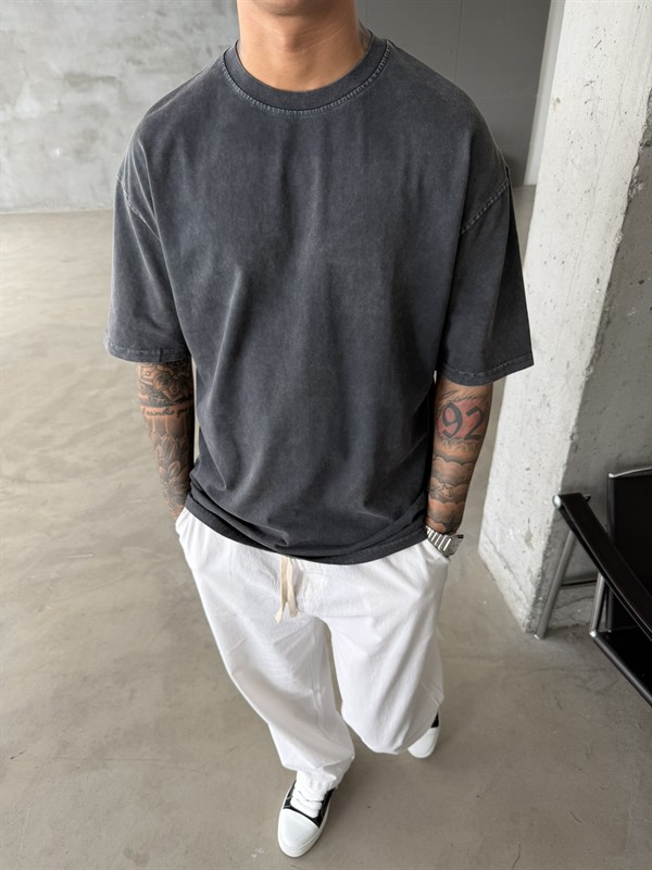Acid Basic Yıkamalı T-Shirt - Siyah