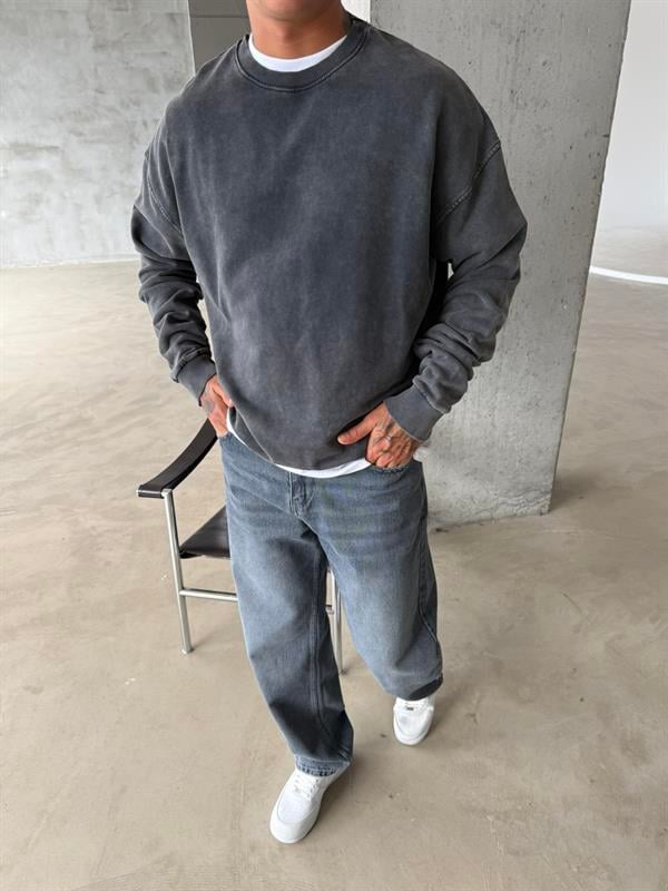 Acid Premium Basic Yıkamalı Sweatshirt - Siyah