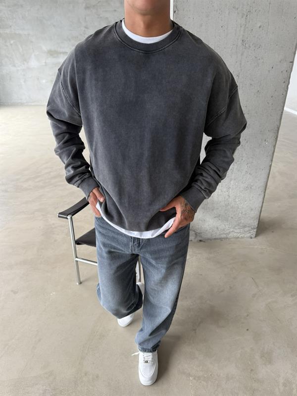 Acid Premium Basic Yıkamalı Sweatshirt - Siyah