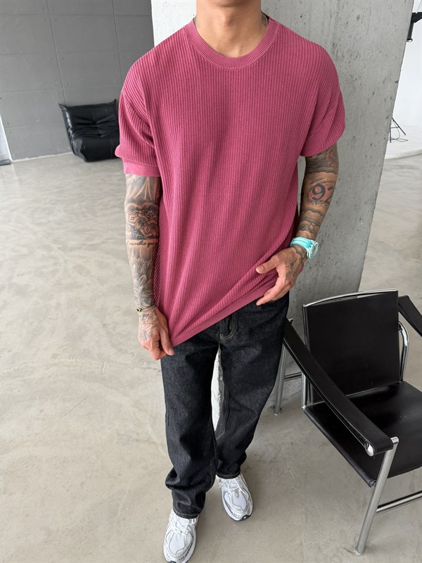 Acid Yıkamalı Fittilli Basic T-Shirt - Bordo