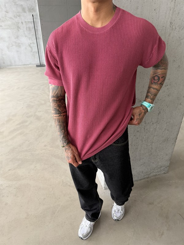 Acid Yıkamalı Fittilli Basic T-Shirt - Bordo