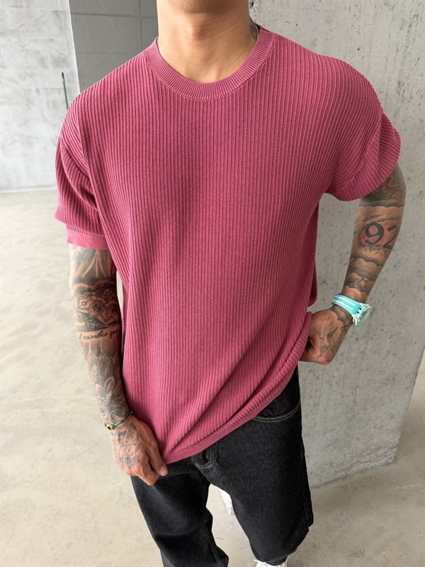 Acid Yıkamalı Fittilli Basic T-Shirt - Bordo