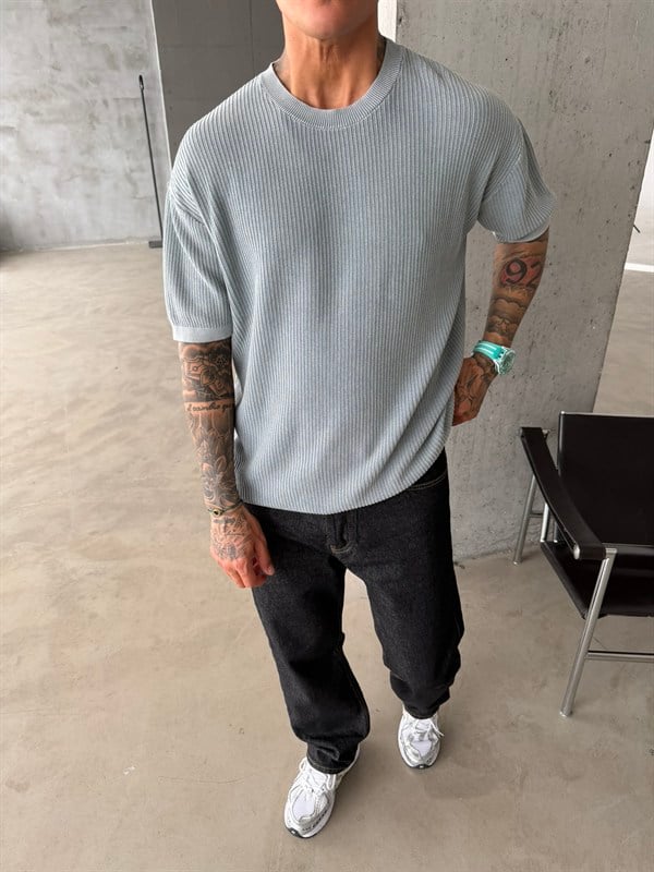 Acid Yıkamalı Fittilli Basic T-Shirt - Gri
