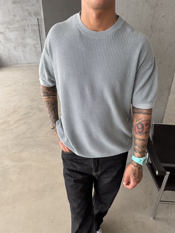Acid Yıkamalı Fittilli Basic T-Shirt - Gri