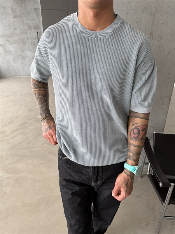 Acid Yıkamalı Fittilli Basic T-Shirt - Gri