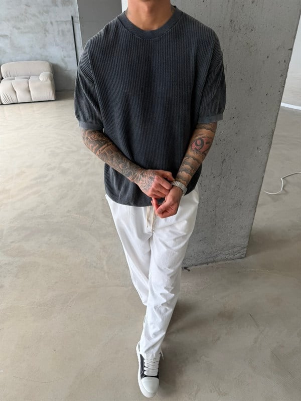 Acid Yıkamalı Fittilli Basic T-Shirt - Siyah