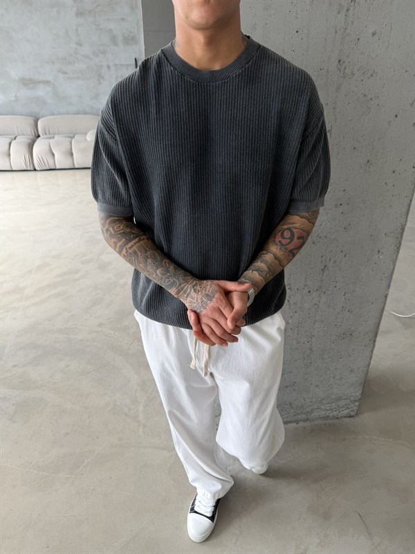 Acid Yıkamalı Fittilli Basic T-Shirt - Siyah
