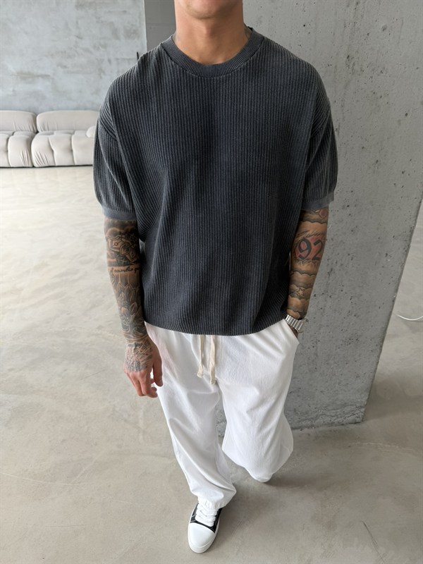 Acid Yıkamalı Fittilli Basic T-Shirt - Siyah