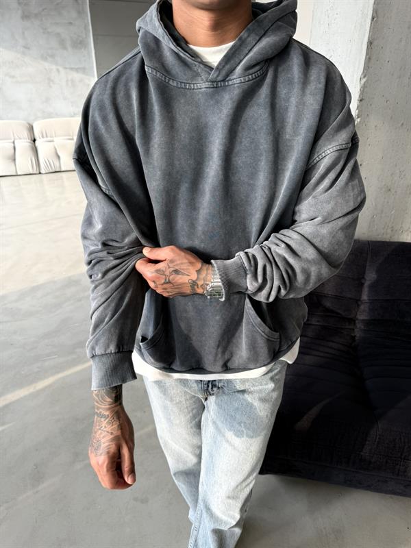 Acid Yıkamalı Premium Sweatshirt - Siyah