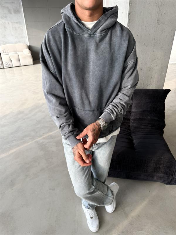 Acid Yıkamalı Premium Sweatshirt - Siyah