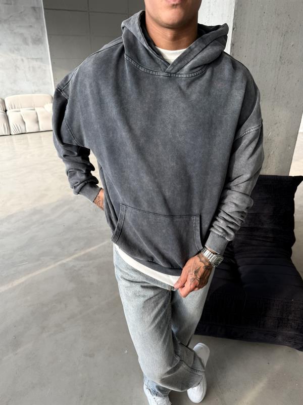 Acid Yıkamalı Premium Sweatshirt - Siyah