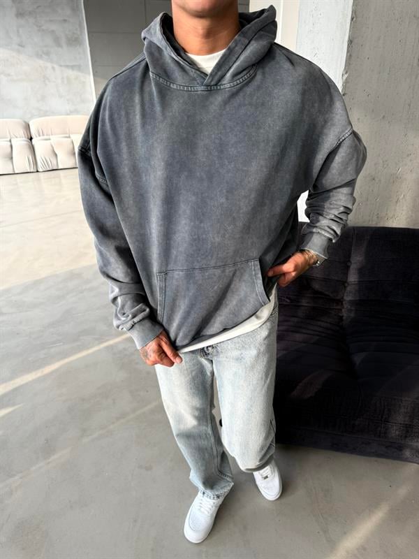 Acid Yıkamalı Premium Sweatshirt - Siyah