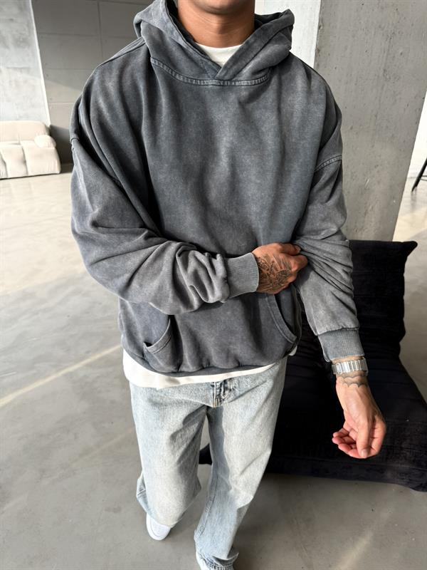 Acid Yıkamalı Premium Sweatshirt - Siyah