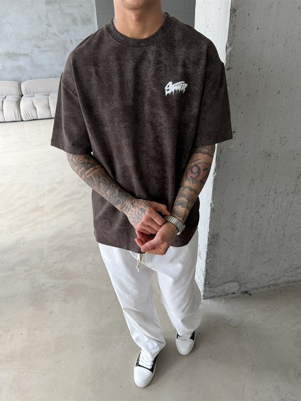 Acid Yıkamalı SW Premium Baskılı T-Shirt-Kahve