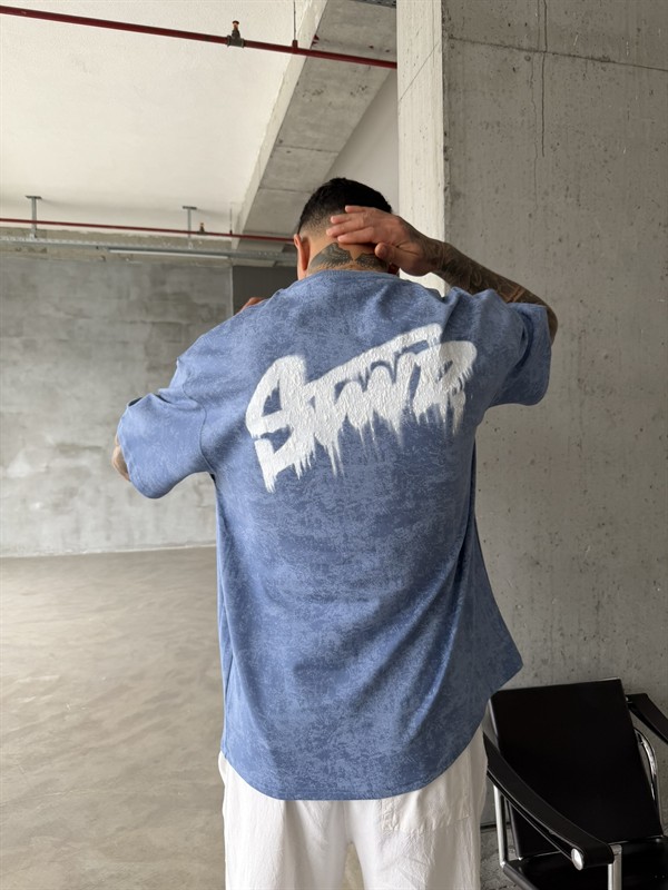 Acid Yıkamalı SW Premium Baskılı T-Shirt-Mavi