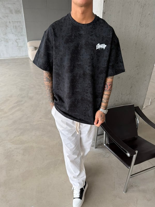 Acid Yıkamalı SW Premium Baskılı T-Shirt-Siyah