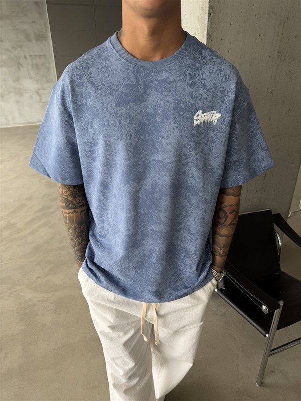 Acid Yıkamalı SW Premium Baskılı T-Shirt-Mavi