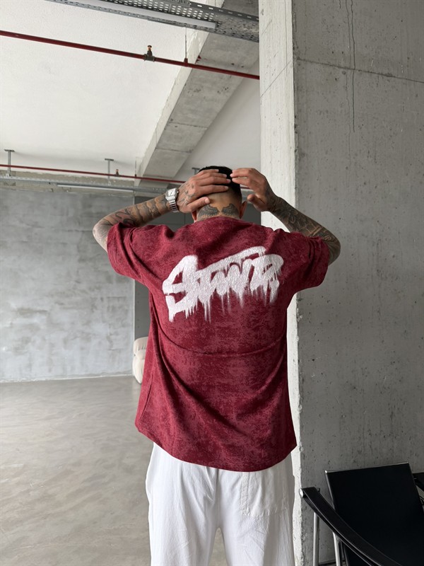 Acid Yıkamalı SW Premium Baskılı T-Shirt-Bordo