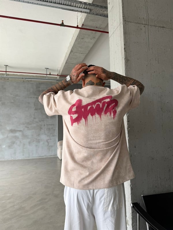 Acid Yıkamalı SW Premium Baskılı T-Shirt-Bej