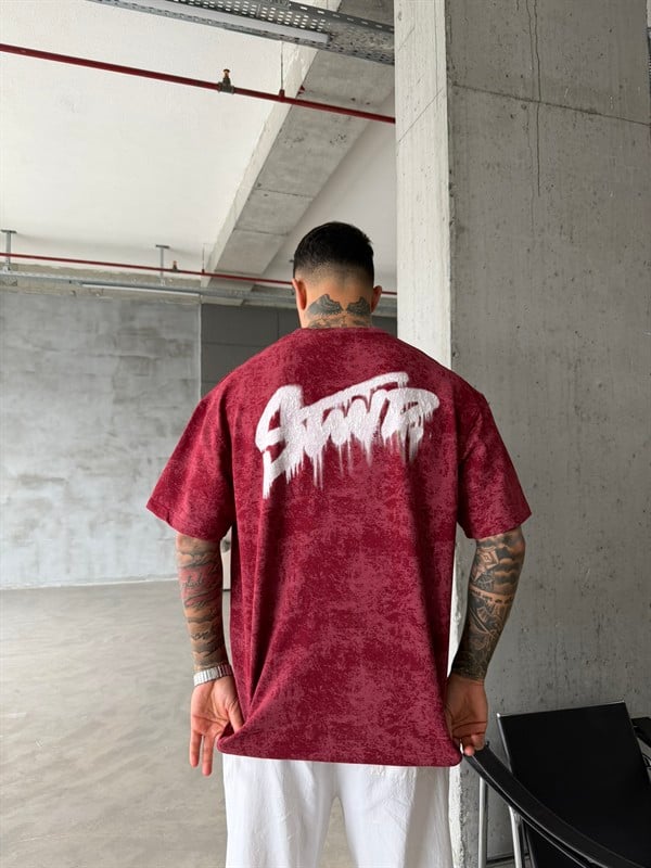Acid Yıkamalı SW Premium Baskılı T-Shirt-Bordo