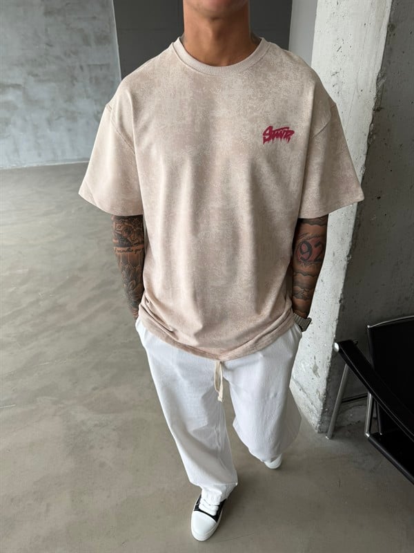 Acid Yıkamalı SW Premium Baskılı T-Shirt-Bej